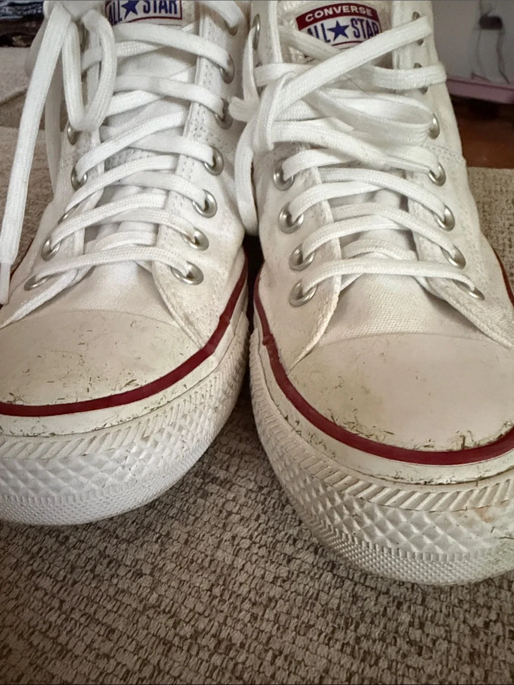Converse White High Top Sneakers with Red Stripe